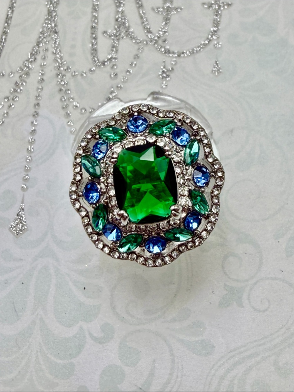 Emerald Green & Blue Crystal Cocktail Ring -